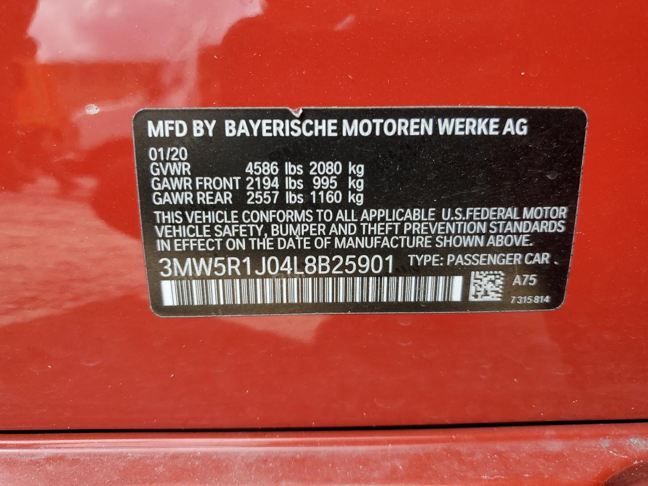 2020 BMW 330I VIN: 3MW5R1J04L8B25901 Lot: 85335165