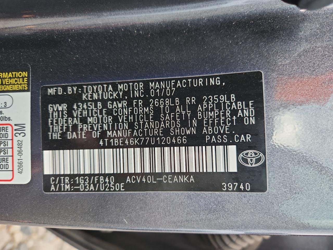 2007 Toyota Camry Ce VIN: 4T1BE46K77U120466 Lot: 86509455