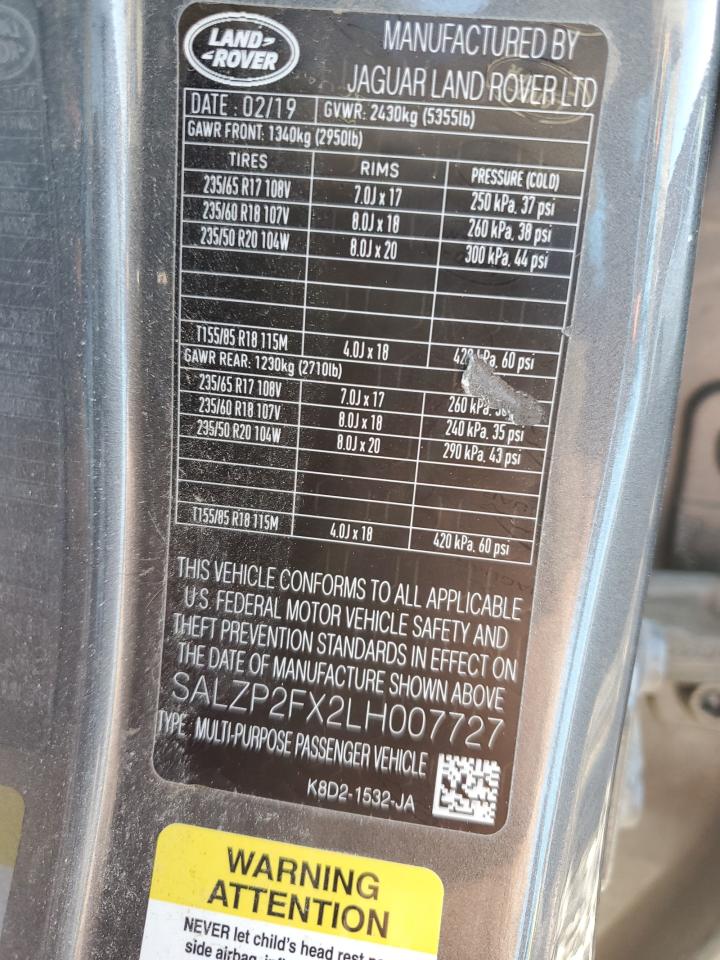 2020 Land Rover Range Rover Evoque Se VIN: SALZP2FX2LH007727 Lot: 86319175