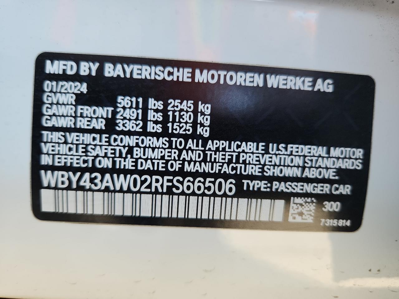 2024 BMW I4 Edrive 35 VIN: WBY43AW02RFS66506 Lot: 86283885