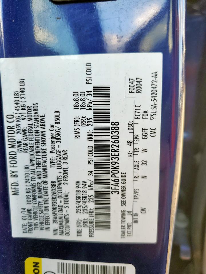 2014 Ford Fusion Titanium VIN: 3FA6P0K93ER260388 Lot: 86120745