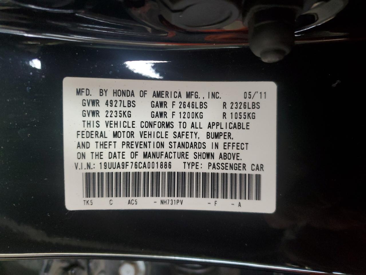 2012 Acura Tl VIN: 19UUA9F76CA001886 Lot: 84010925