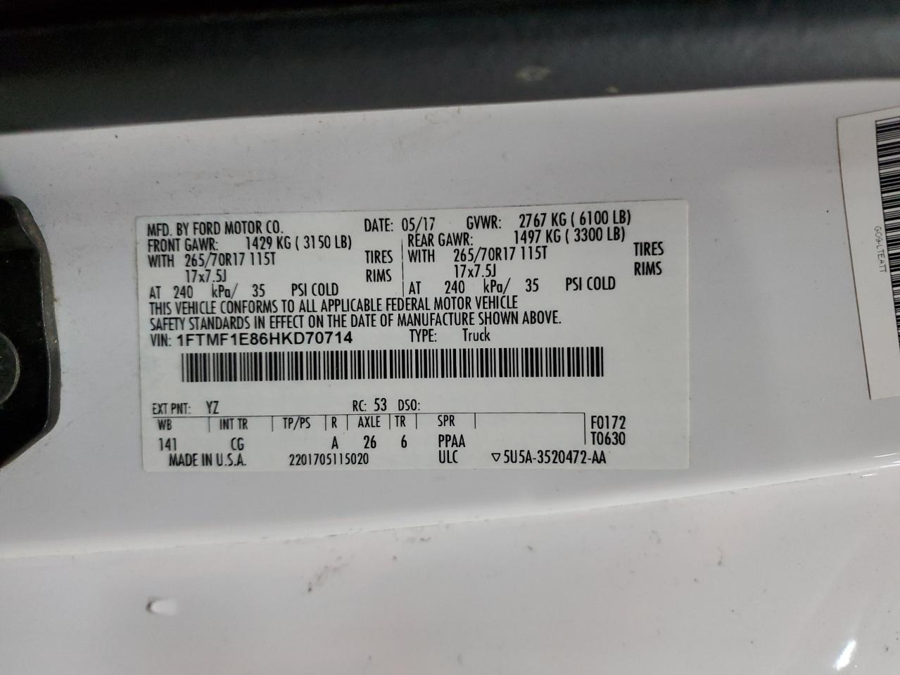 2017 Ford F150 VIN: 1FTMF1E86HKD70714 Lot: 82232725