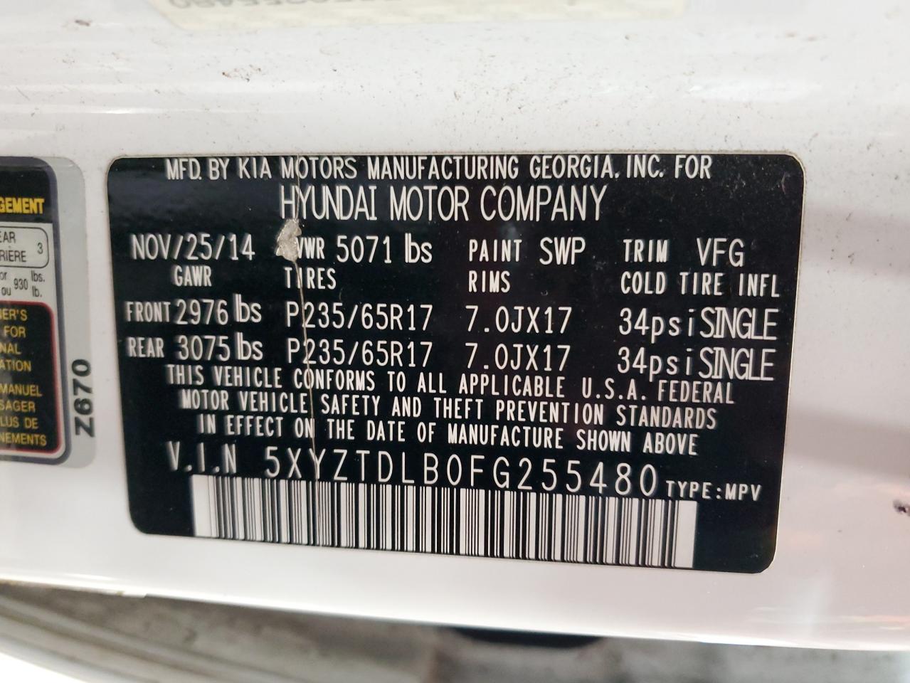 2015 Hyundai Santa Fe Sport VIN: 5XYZTDLB0FG255480 Lot: 86054525