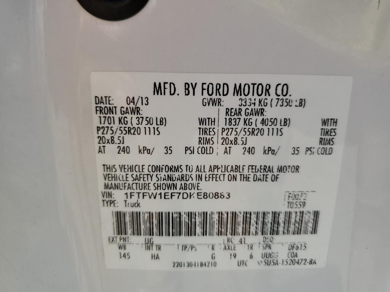 2013 Ford F150 Supercrew VIN: 1FTFW1EF7DKE80883 Lot: 89838595