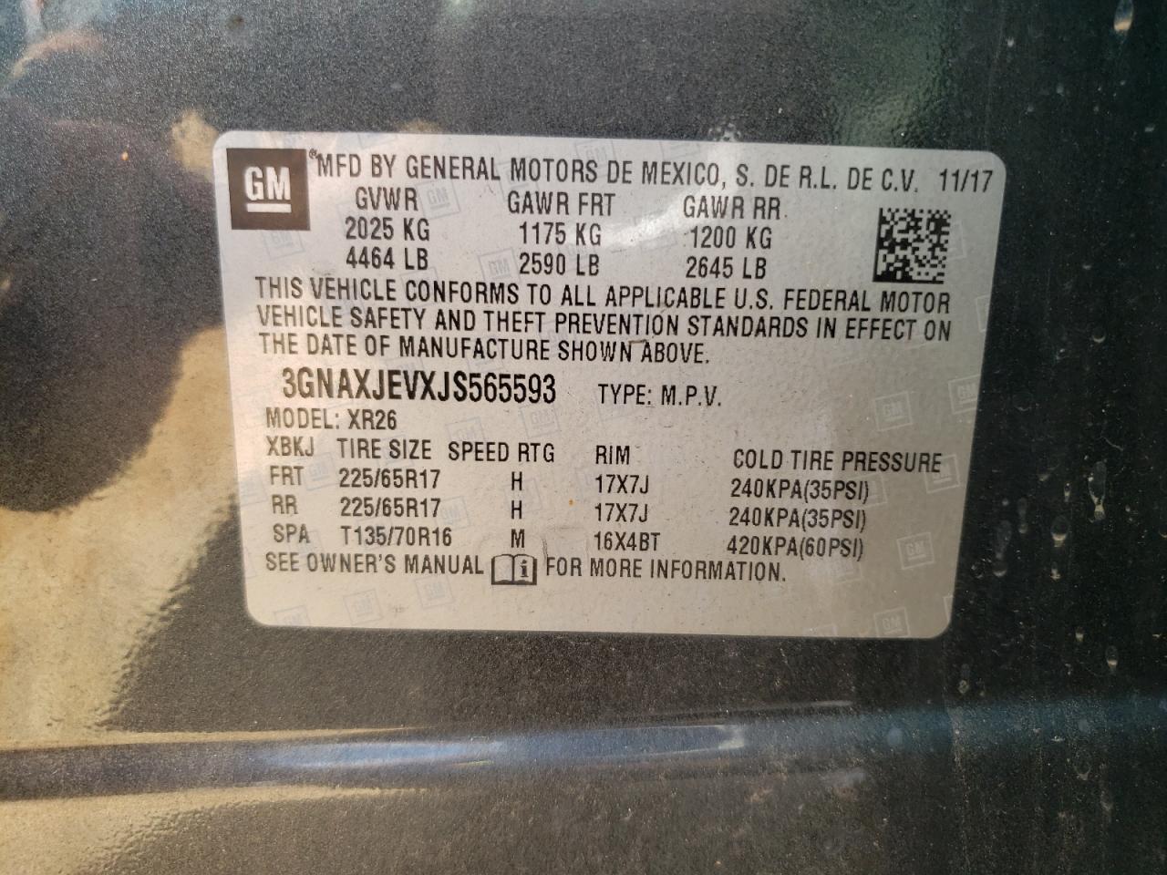 2018 Chevrolet Equinox Lt VIN: 3GNAXJEVXJS565593 Lot: 81941905