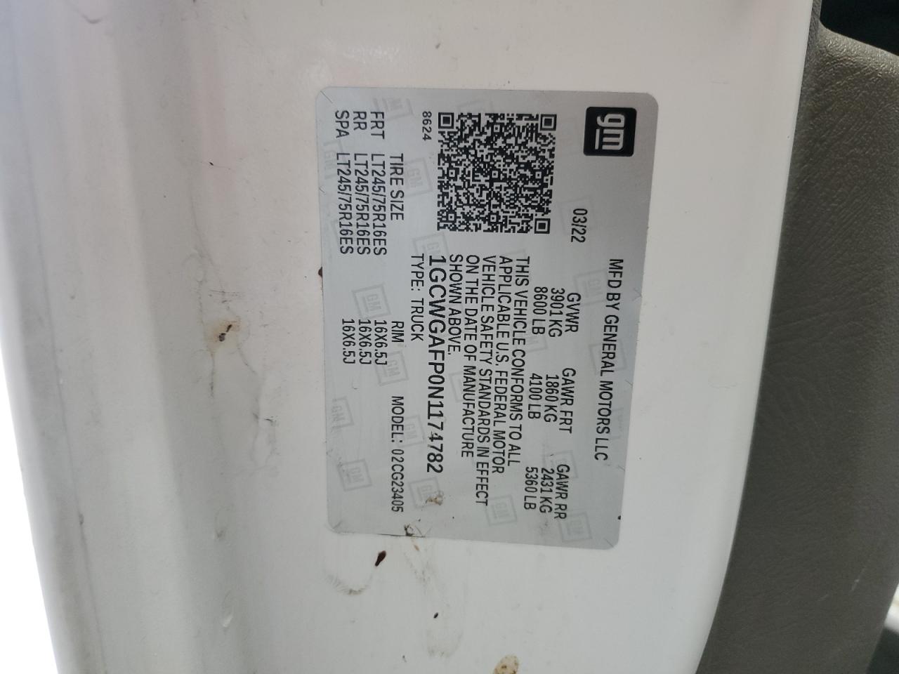 2022 Chevrolet Express G2500 VIN: 1GCWGAFP0N1174782 Lot: 86070685