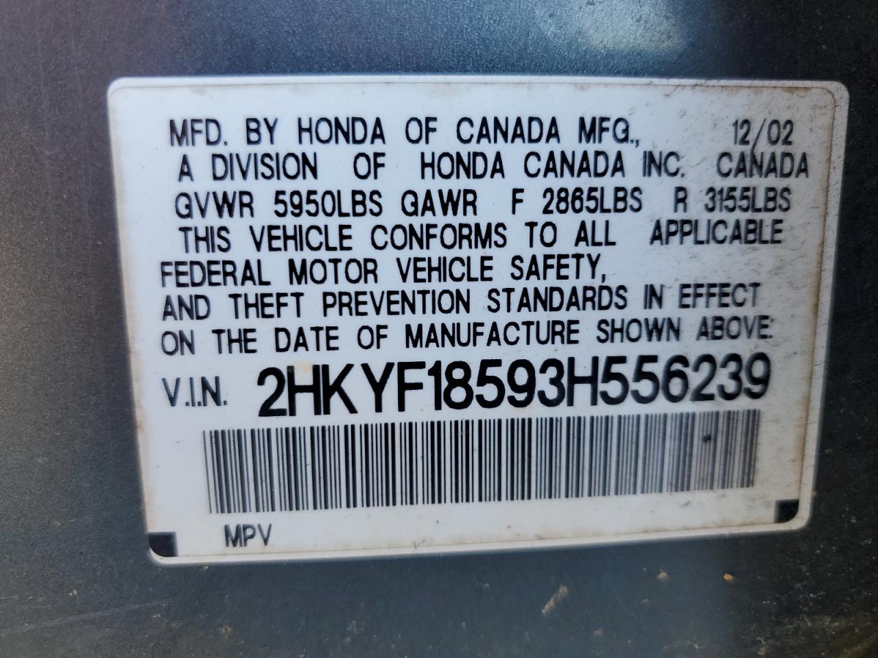 2003 Honda Pilot VIN: 2HKYF18593H556239 Lot: 82434385