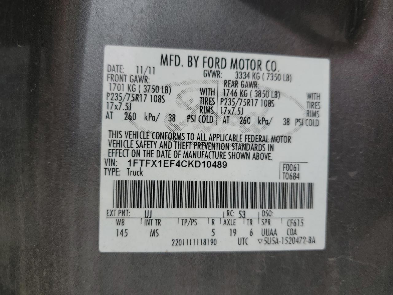 2012 Ford F150 Super Cab VIN: 1FTFX1EF4CKD10489 Lot: 82713455