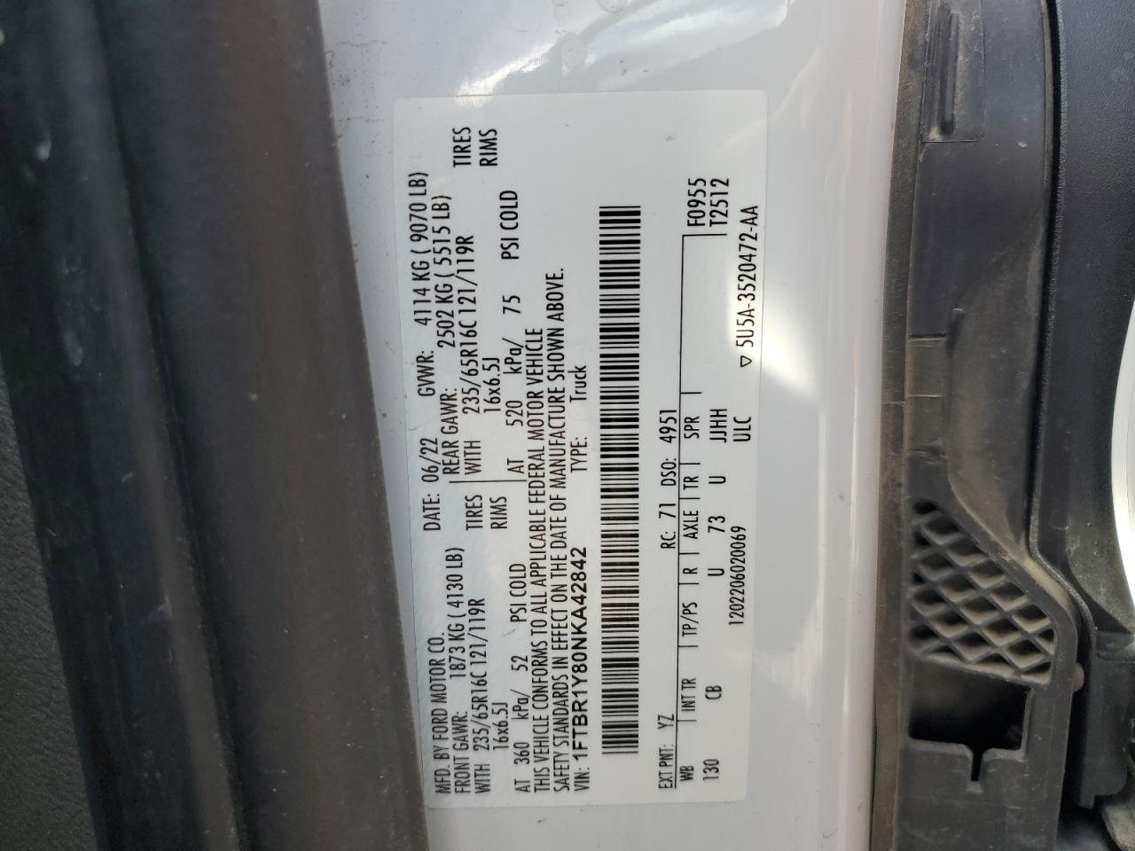 2022 Ford Transit Delivery Van VIN: 1FTBR1Y80NKA42842 Lot: 87077355