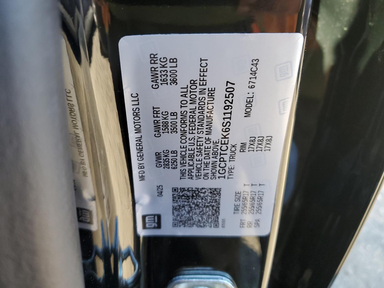 2025 Chevrolet Colorado Lt VIN: 1GCPTCEK6S1192507 Lot: 84396685