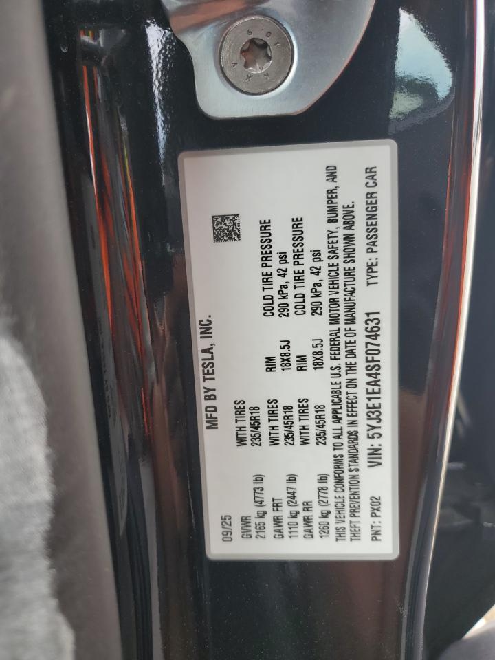 2025 Tesla Model 3 VIN: 5YJ3E1EA4SF074631 Lot: 87011375