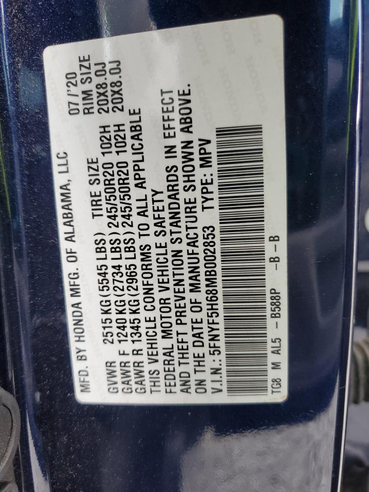 2021 Honda Pilot Touring VIN: 5FNYF5H68MB002853 Lot: 85389105