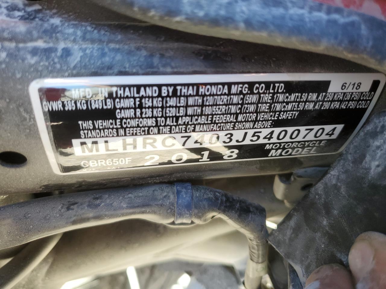 2018 Honda Cbr650 F VIN: MLHRC7403J5400704 Lot: 86852105
