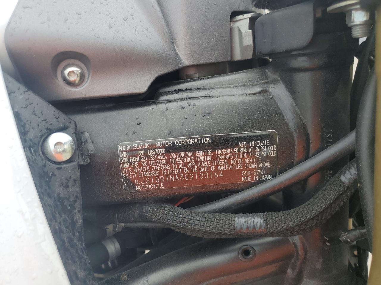 2016 Suzuki Gsx-S750 VIN: JS1GR7NA3G2100164 Lot: 85301675