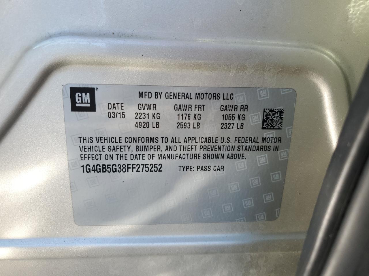 2015 Buick Lacrosse VIN: 1G4GB5G38FF275252 Lot: 84879505