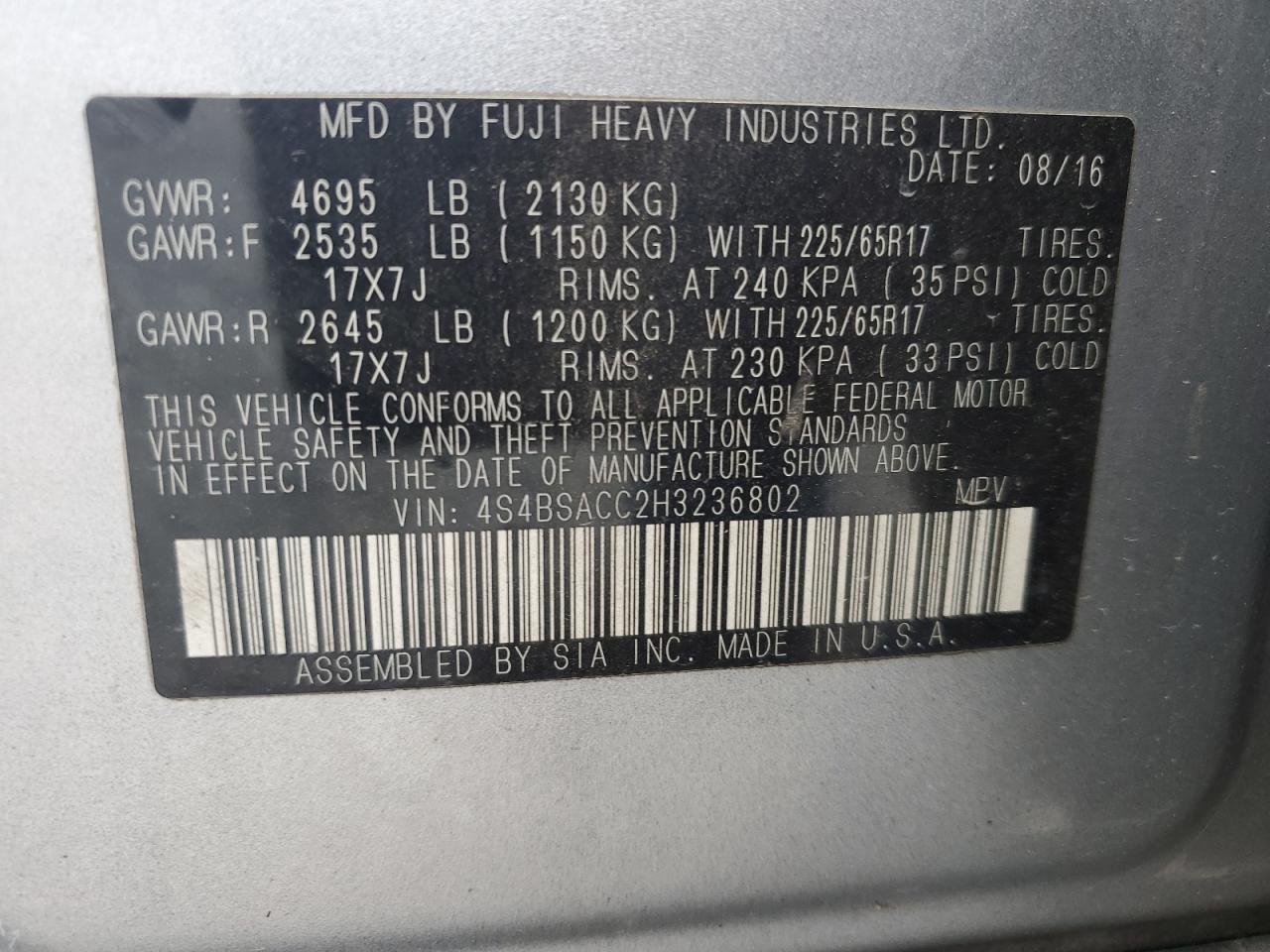 2017 Subaru Outback 2.5I Premium VIN: 4S4BSACC2H3236802 Lot: 85307675