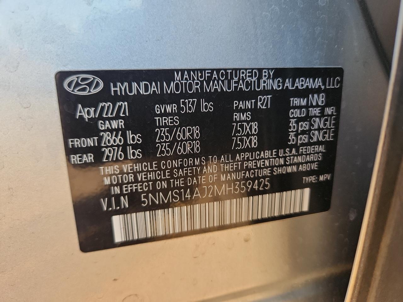 2021 Hyundai Santa Fe Se VIN: 5NMS14AJ2MH359425 Lot: 82585575