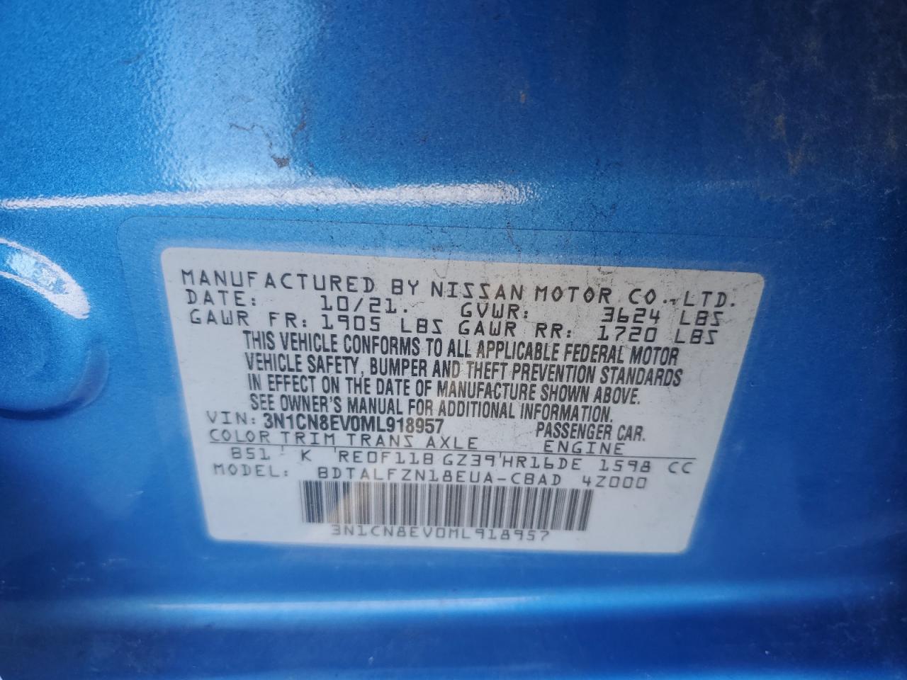 2021 Nissan Versa Sv VIN: 3N1CN8EV0ML918957 Lot: 90989775