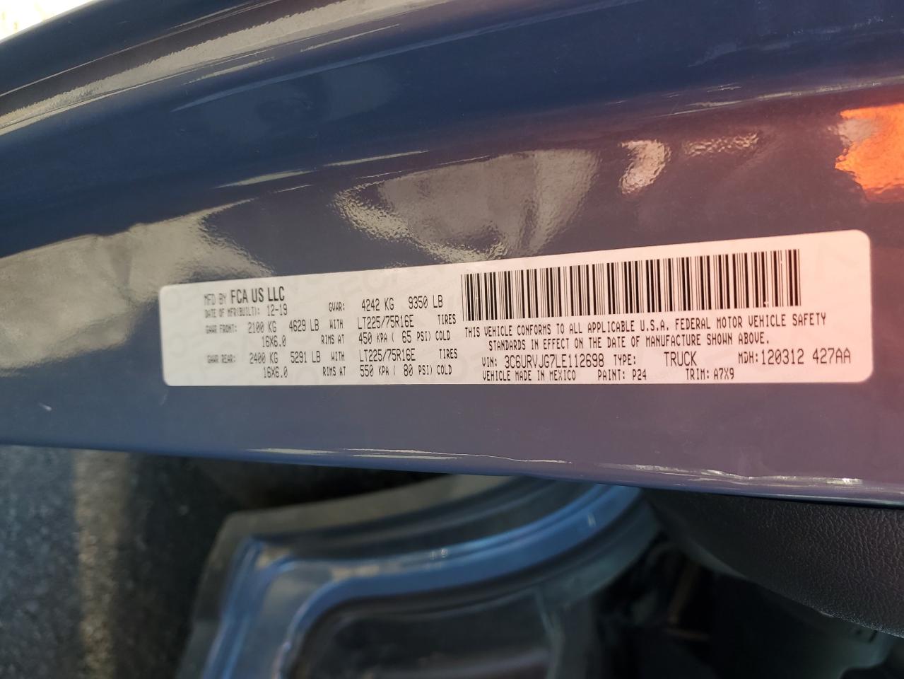 2020 Ram Promaster 3500 3500 High VIN: 3C6URVJG7LE112698 Lot: 86184275