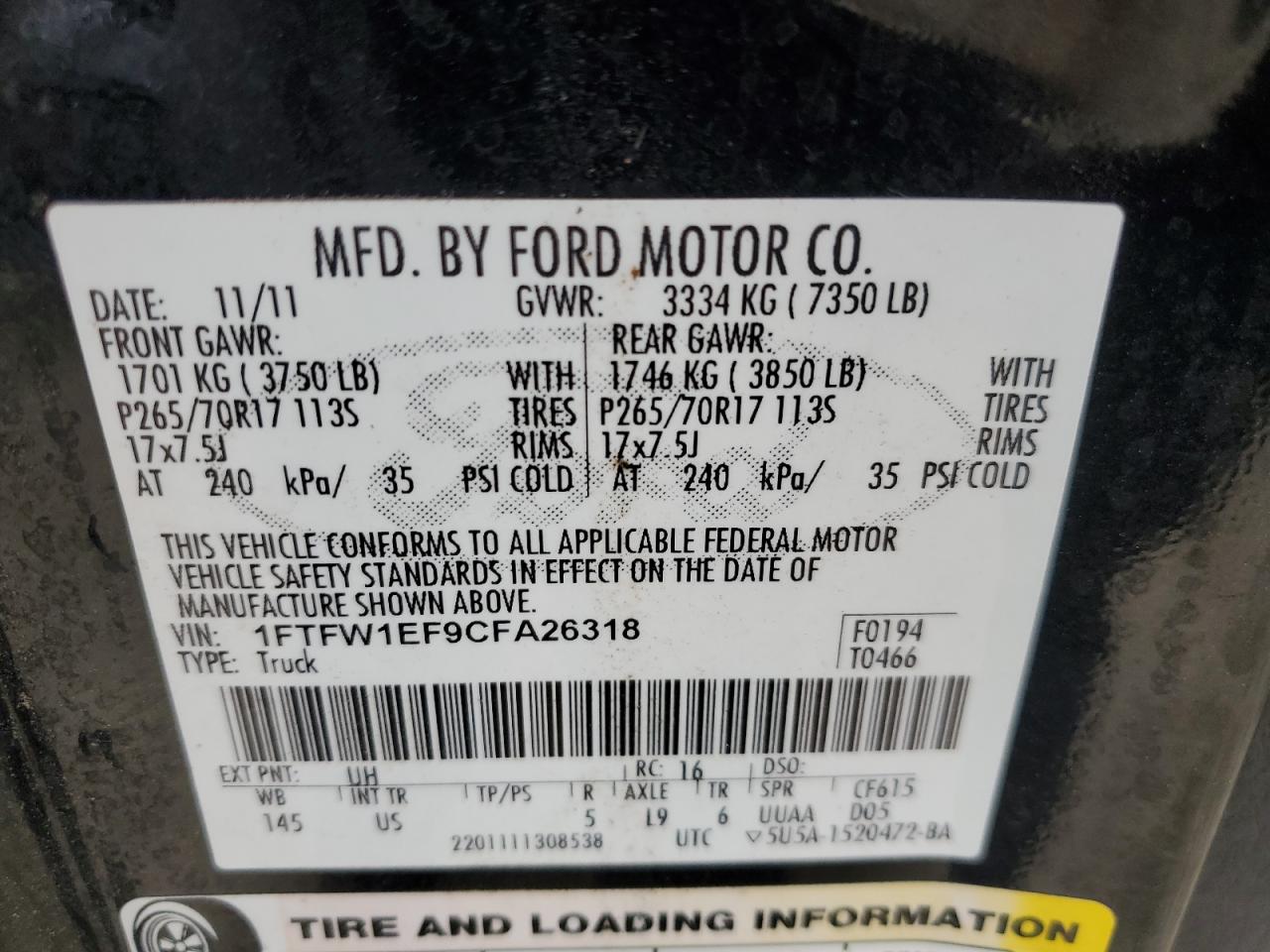 2012 Ford F150 Supercrew VIN: 1FTFW1EF9CFA26318 Lot: 90028725