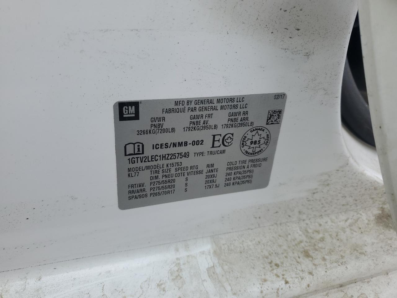 2017 GMC Sierra K1500 VIN: 1GTV2LEC1HZ257549 Lot: 89678485