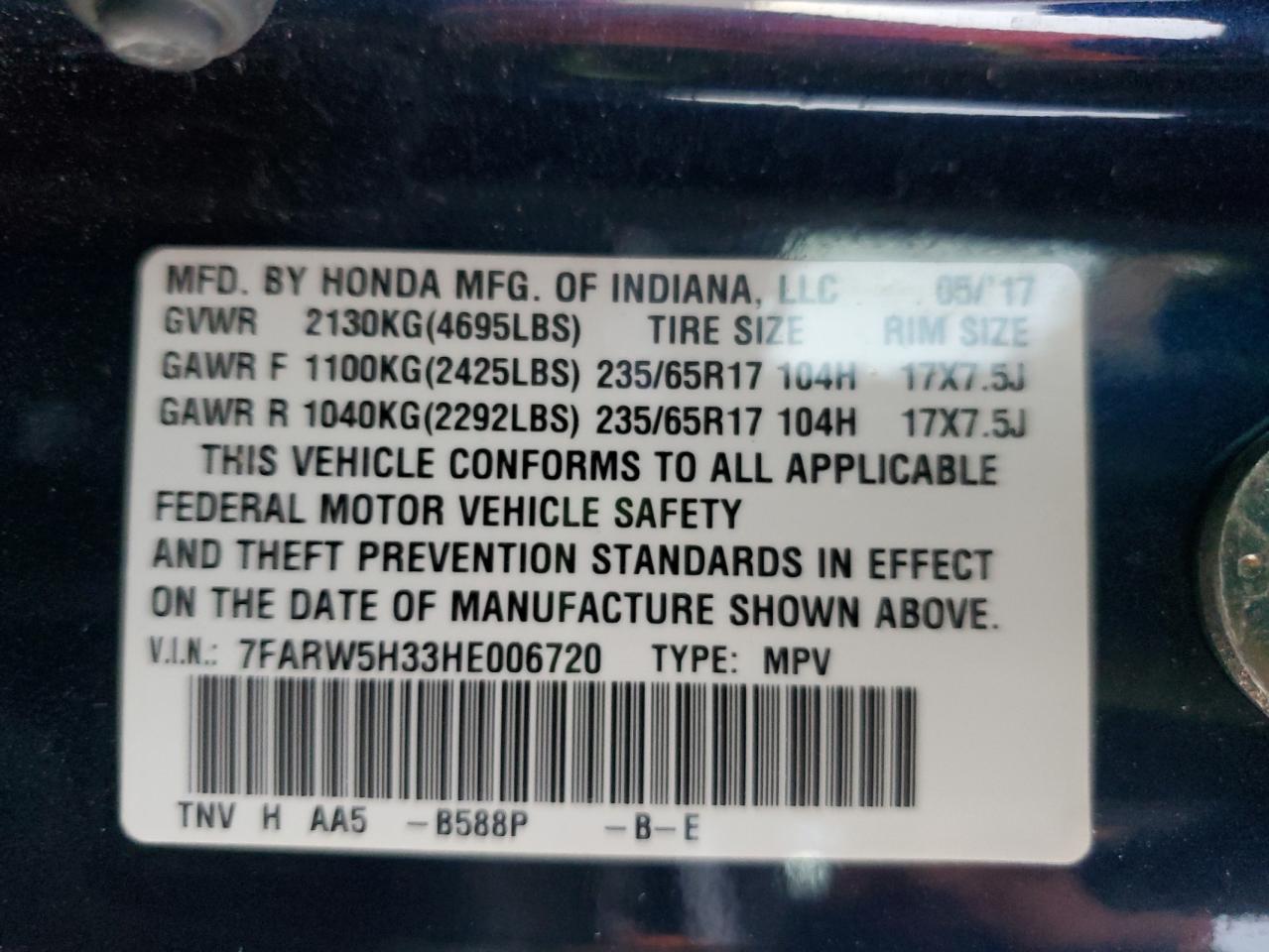 2017 Honda Cr-V Lx VIN: 7FARW5H33HE006720 Lot: 86821395