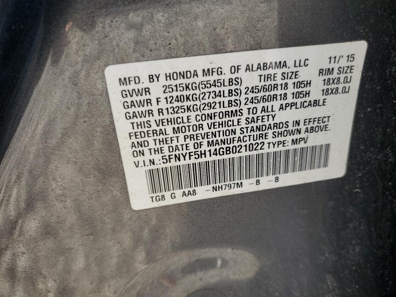 2016 Honda Pilot Lx VIN: 5FNYF5H14GB021022 Lot: 85366515