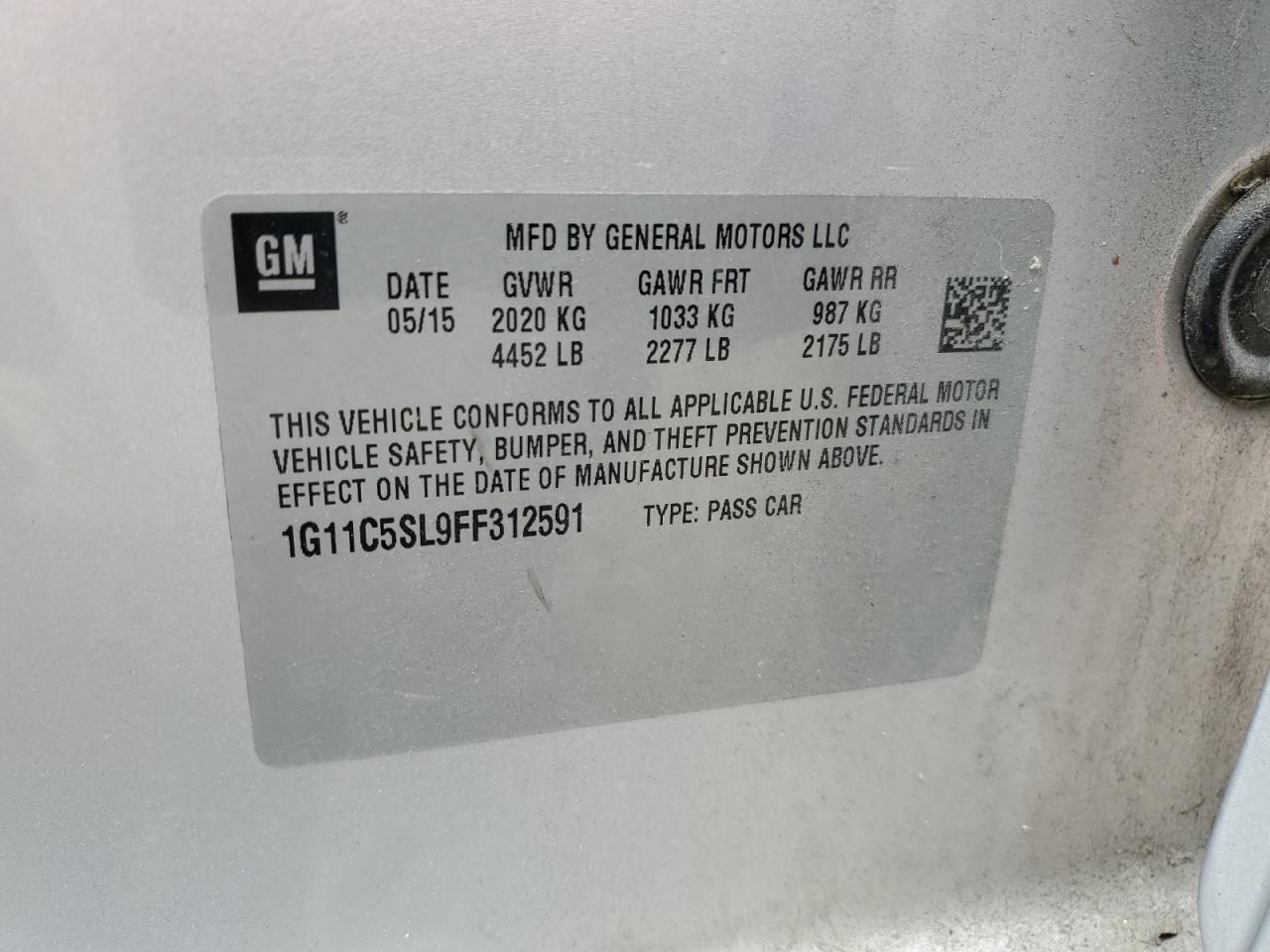 2015 Chevrolet Malibu 1Lt VIN: 1G11C5SL9FF312591 Lot: 82241475
