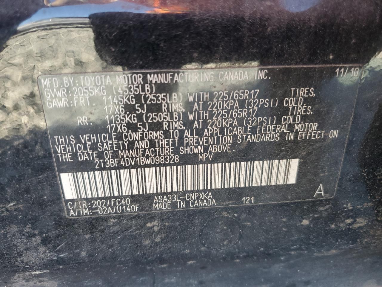 2011 Toyota Rav4 VIN: 2T3BF4DV1BW098328 Lot: 86534995