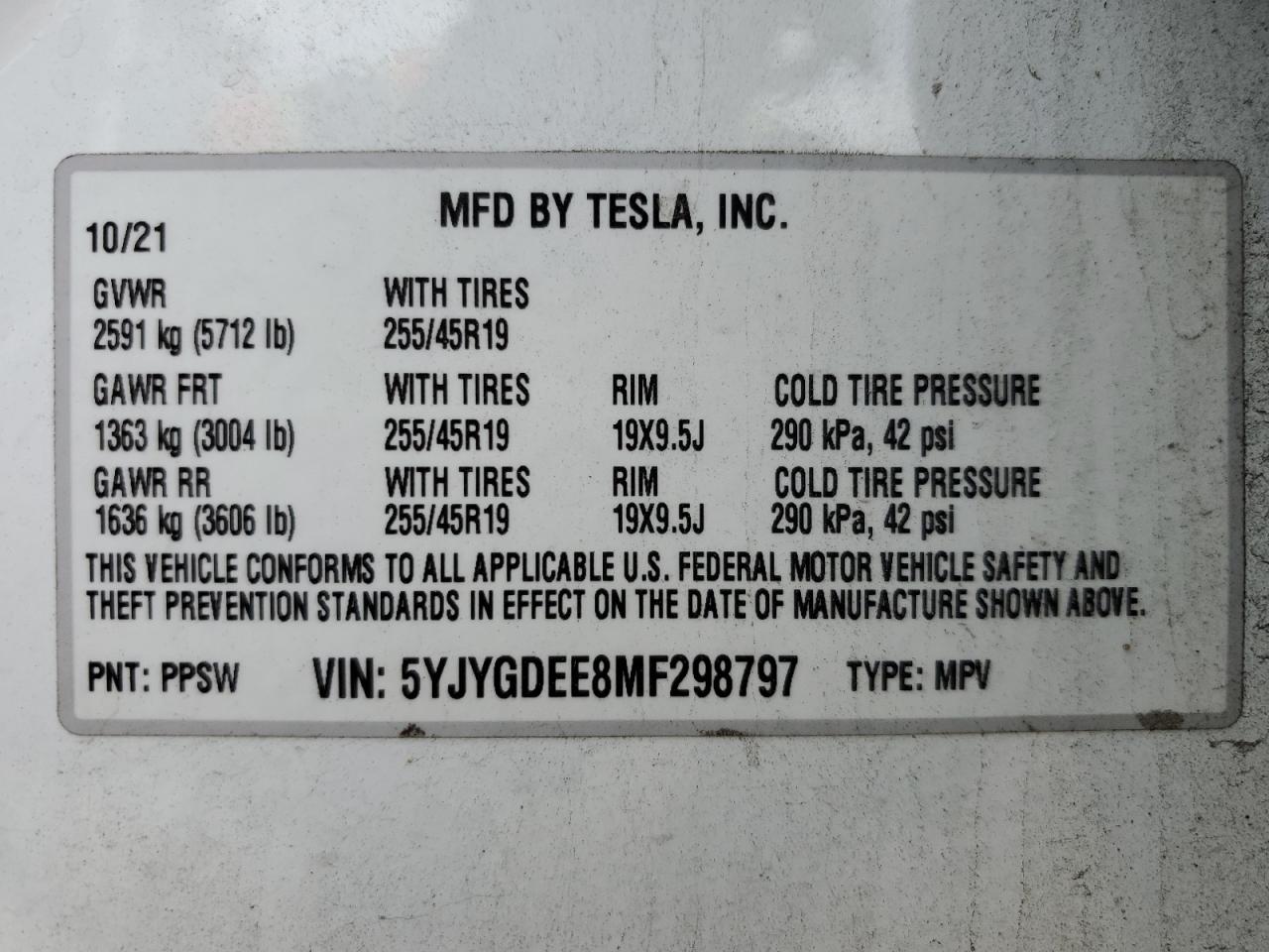2021 Tesla Model Y VIN: 5YJYGDEE8MF298797 Lot: 81093005