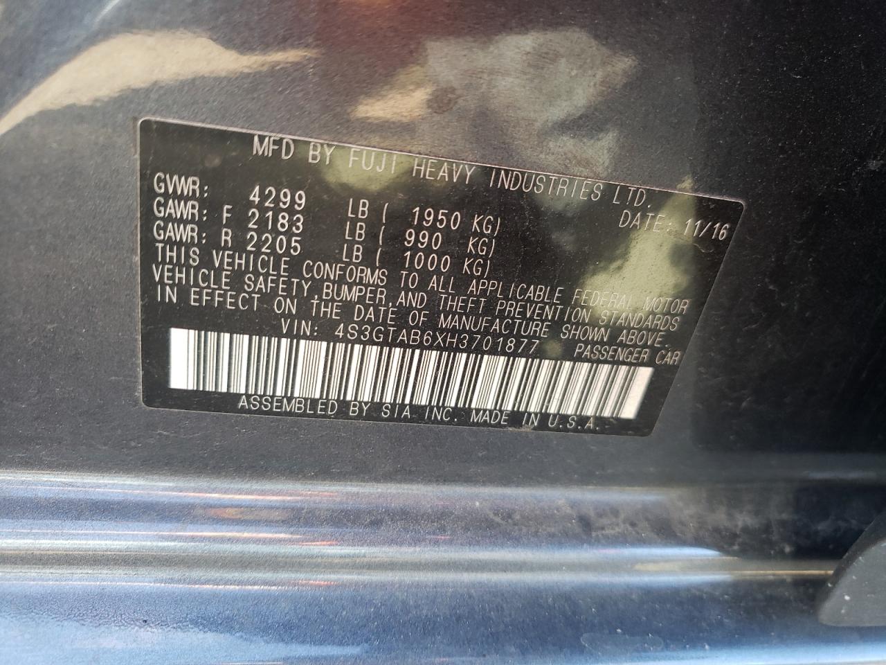 2017 Subaru Impreza Premium VIN: 4S3GTAB6XH3701877 Lot: 84917415