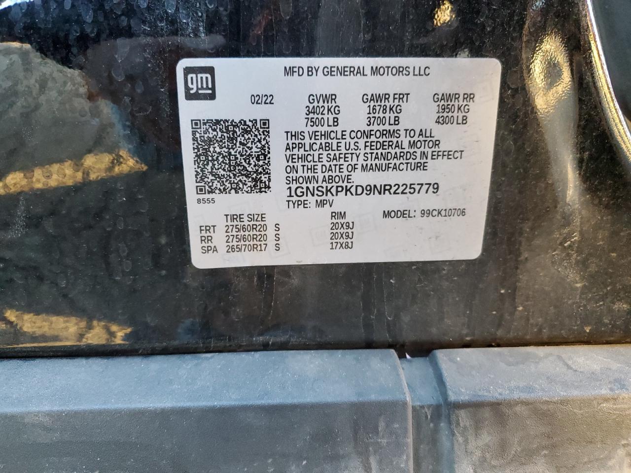 2022 Chevrolet Tahoe K1500 Z71 VIN: 1GNSKPKD9NR225779 Lot: 90538445