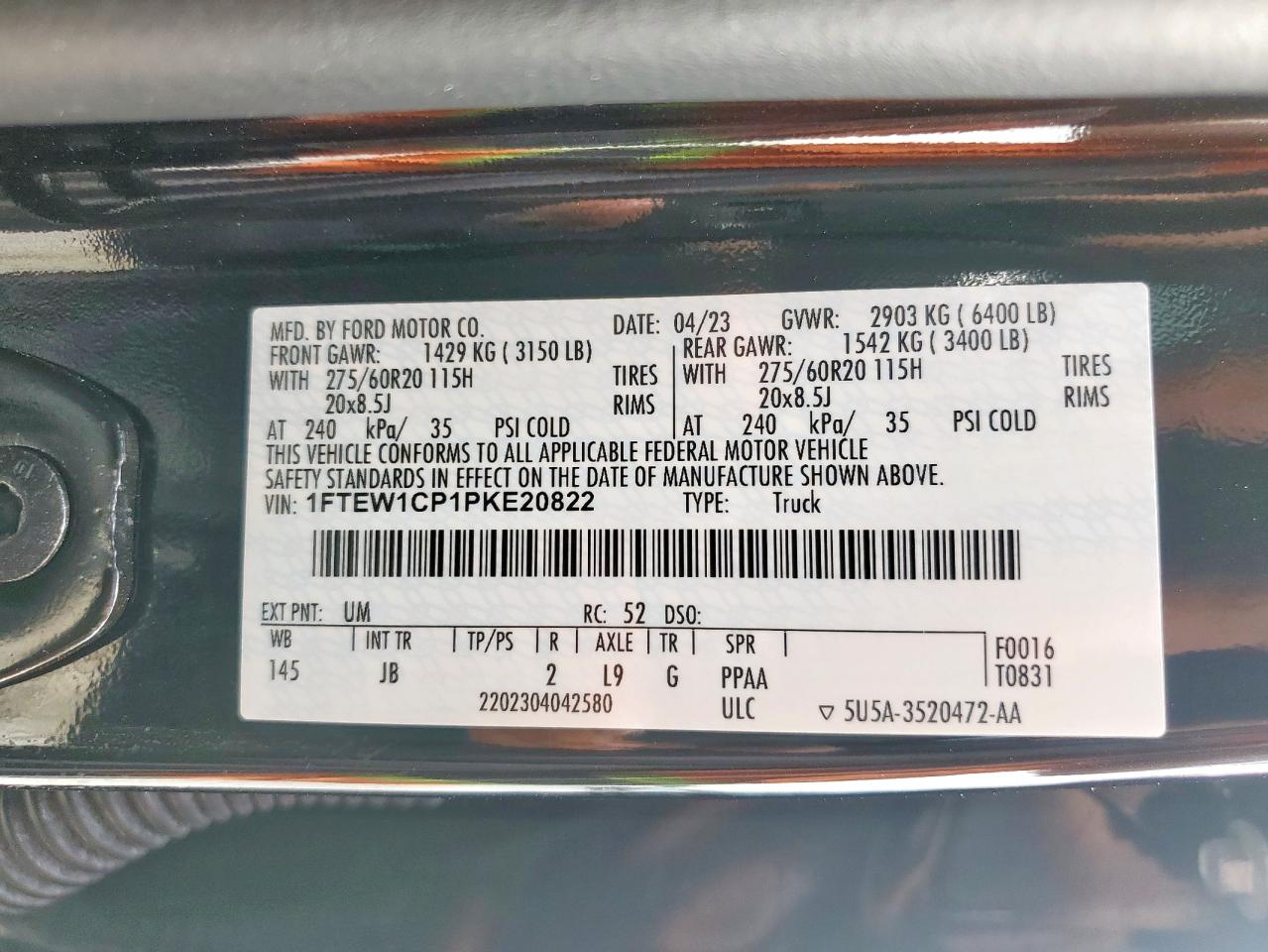 2023 Ford F150 Supercrew VIN: 1FTEW1CP1PKE20822 Lot: 90687575