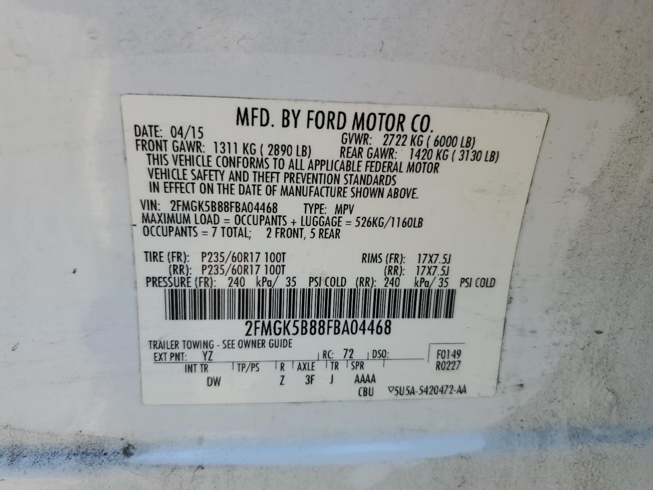 2015 Ford Flex Se VIN: 2FMGK5B88FBA04468 Lot: 85894265