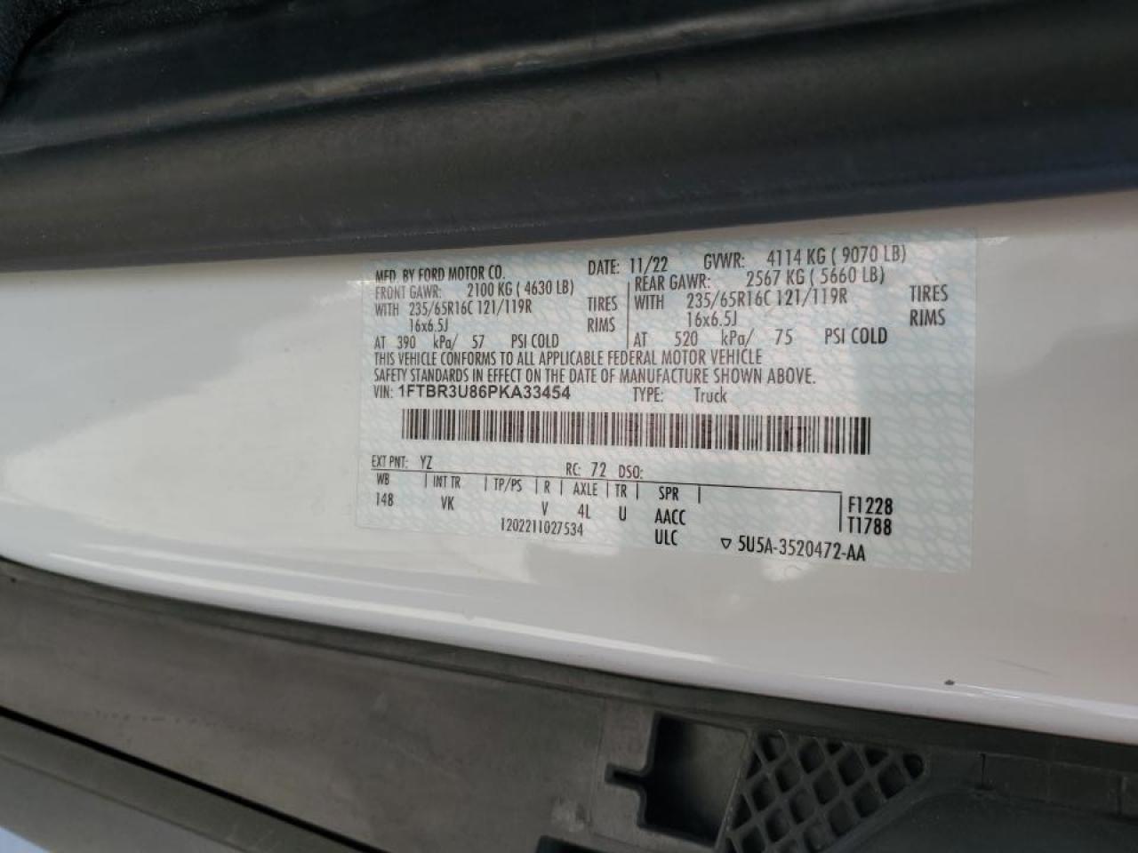 2023 Ford Transit Utility / Service Van VIN: 1FTBR3U86PKA33454 Lot: 89862575