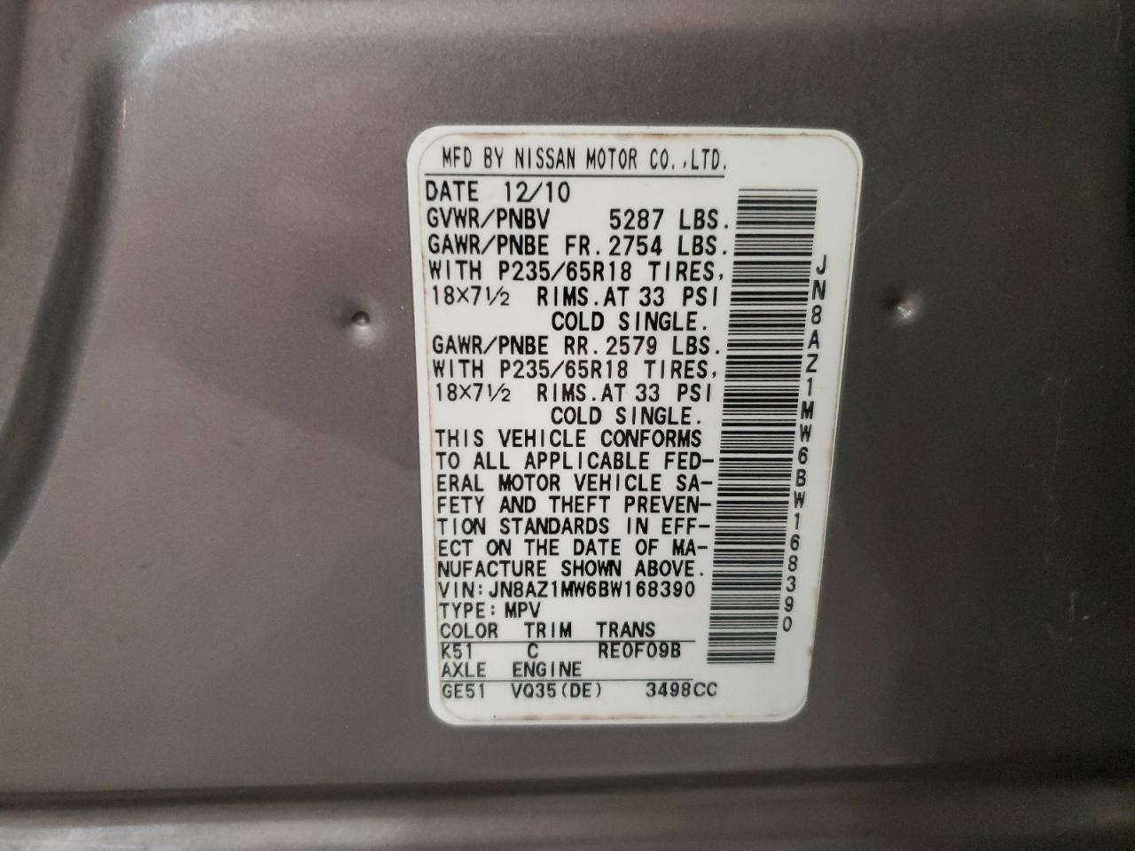 2011 Nissan Murano S VIN: JN8AZ1MW6BW168390 Lot: 86855385