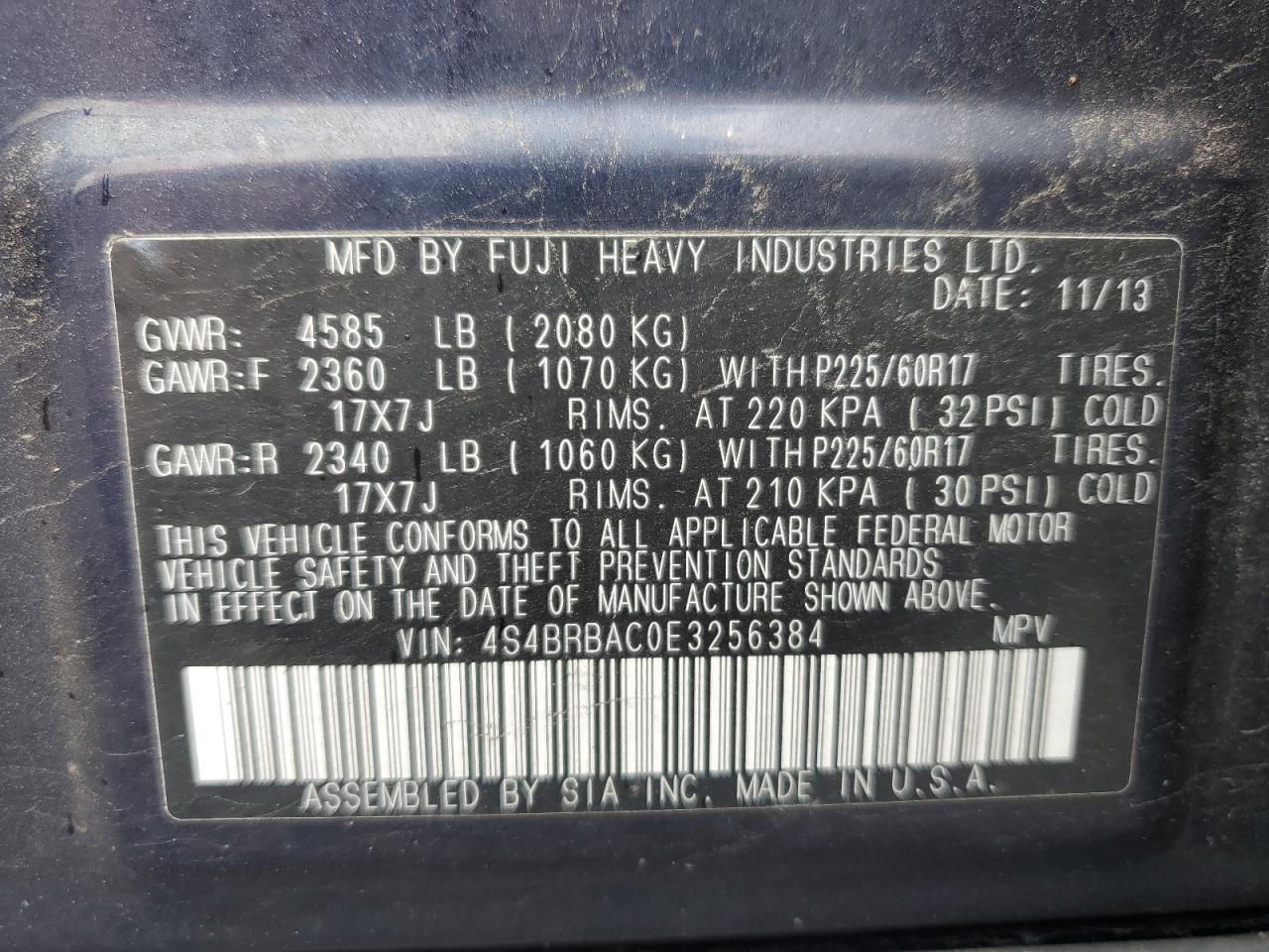 2014 Subaru Outback 2.5I VIN: 4S4BRBAC0E3256384 Lot: 86096175