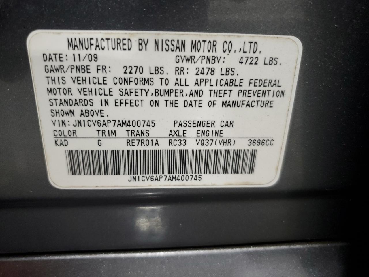 2010 Infiniti G37 Base VIN: JN1CV6AP7AM400745 Lot: 90200655