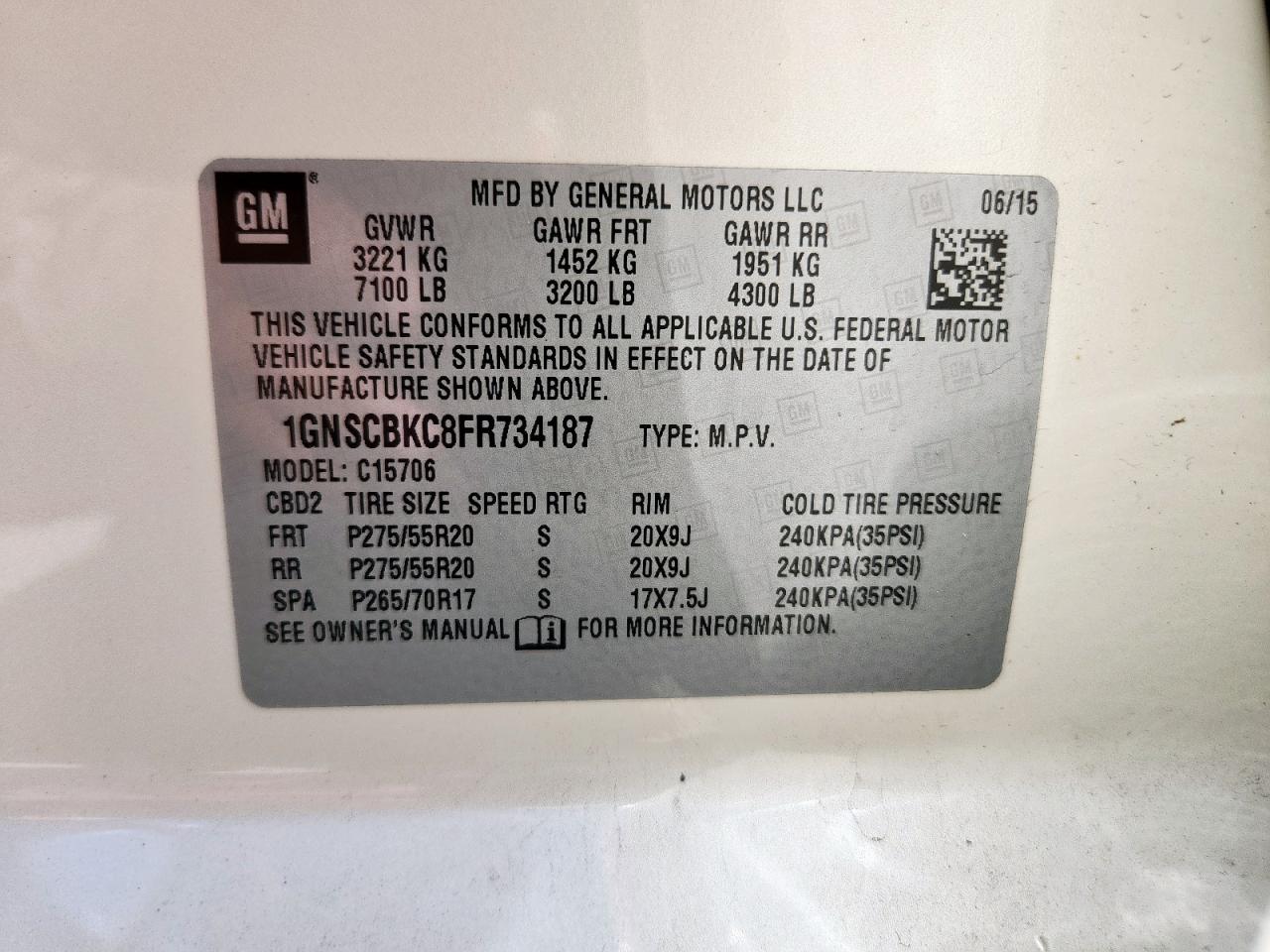 2015 Chevrolet Tahoe C1500 Lt VIN: 1GNSCBKC8FR734187 Lot: 82278185