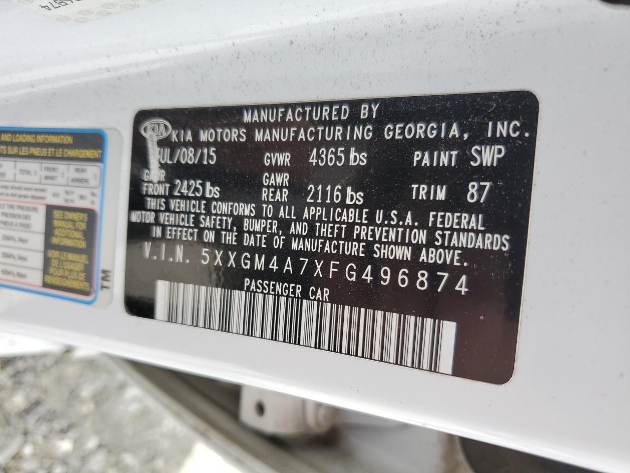 2015 Kia Optima Lx VIN: 5XXGM4A7XFG496874 Lot: 82284525