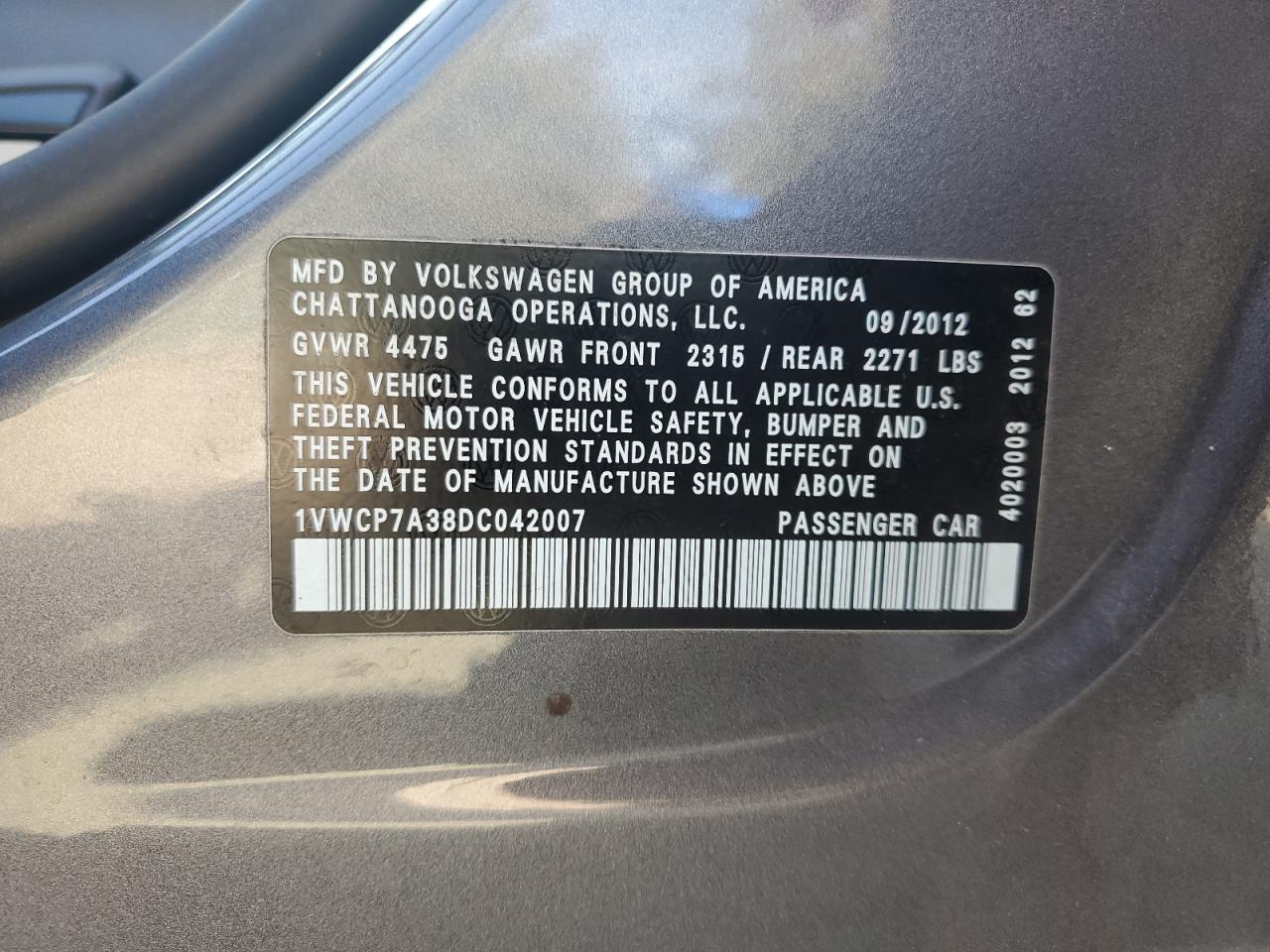 2013 Volkswagen Passat Sel VIN: 1VWCP7A38DC042007 Lot: 84656145