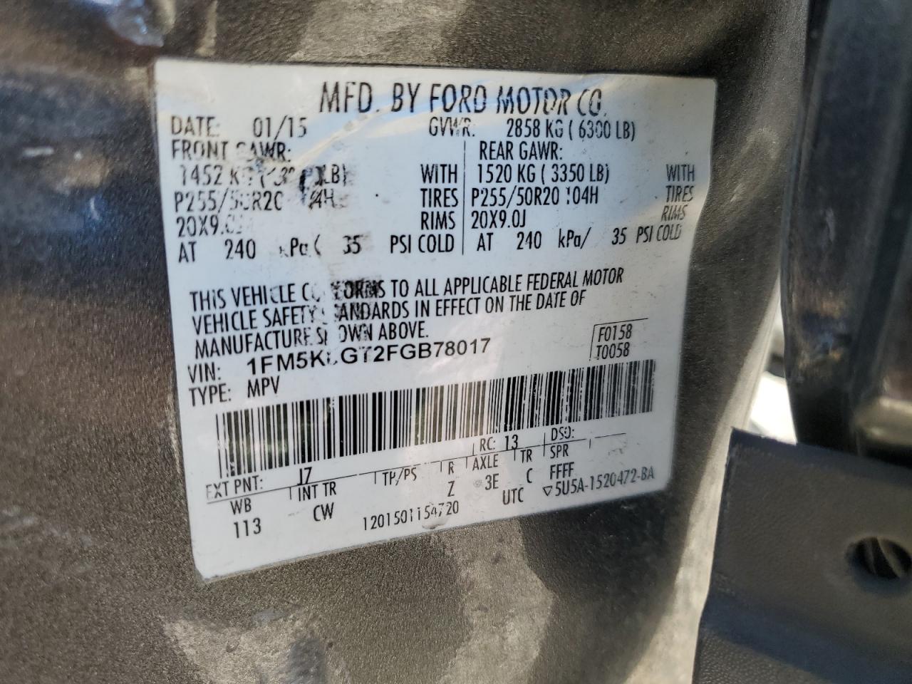 2015 Ford Explorer Sport VIN: 1FM5K8GT2FGB78017 Lot: 86635125