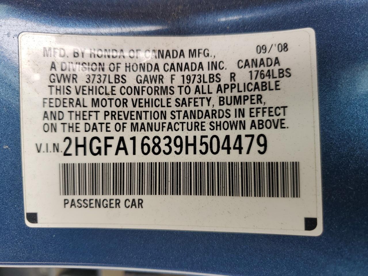 2009 Honda Civic Ex VIN: 2HGFA16839H504479 Lot: 82402005