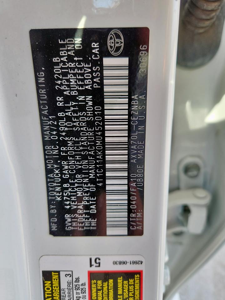 2021 Toyota Camry Le VIN: 4T1C11AK0MU452010 Lot: 84644445