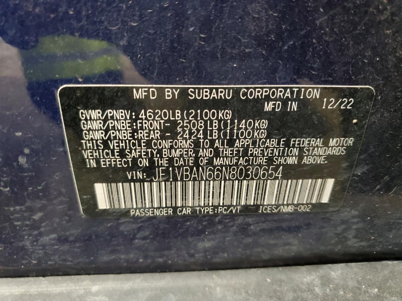 2022 Subaru Wrx Limited VIN: JF1VBAN66N8030654 Lot: 85083845