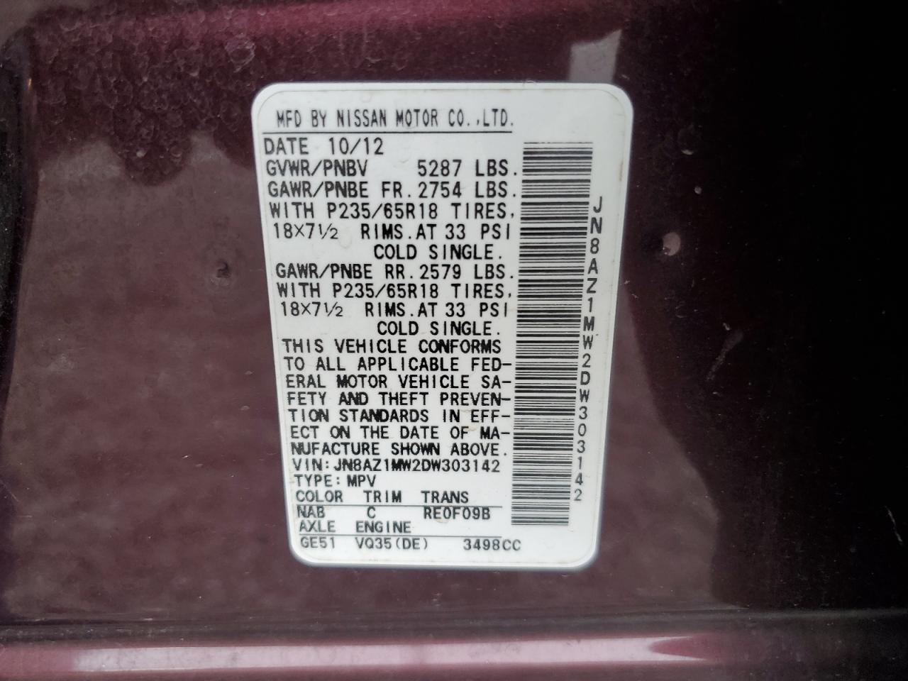 2013 Nissan Murano S VIN: JN8AZ1MW2DW303142 Lot: 85264725