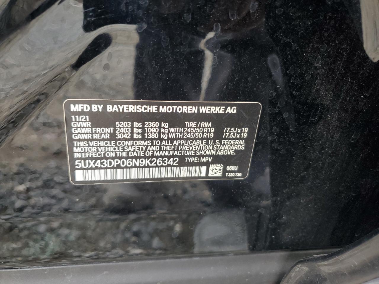 2022 BMW X3 Sdrive30I VIN: 5UX43DP06N9K26342 Lot: 84737655