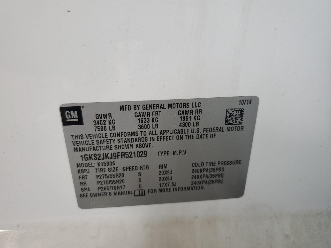 2015 GMC Yukon Xl Denali VIN: 1GKS2JKJ9FR521029 Lot: 82418545