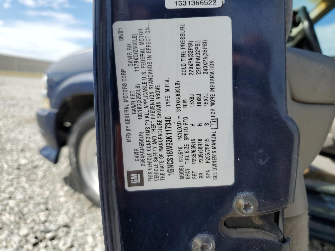 2002 Chevrolet Blazer VIN: 1GNCS18W92K117340 Lot: 84865105